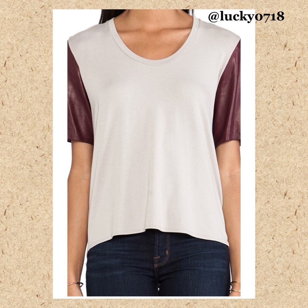 Michelle Mason Leather Sleeve Tee in Oyster/Wine Sz S